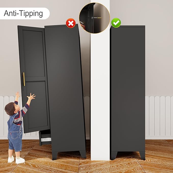 winiowa Metal Armoire Wardrobe Closet with Drawer, 71" Wardrobe Cabinet with Adjustable Shelves and Hanging Rod, Clothing Storage Cabinet Closet with Mirror for Bedroom-Black
