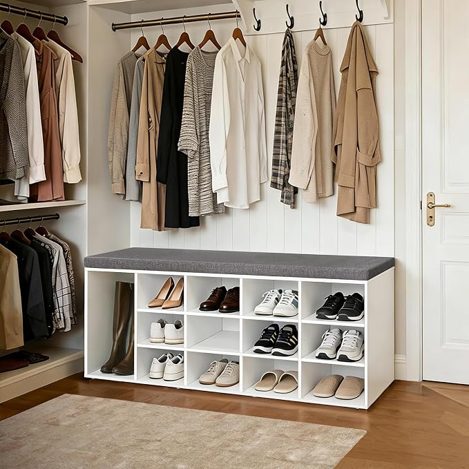 DINZI LVJ Shoe Storage Bench with Cushion, 13-Cubby Shoe Rack, Adjustable Shelves, Multifunctional Shoe Organizer Bench for Entryway, Mudroom, Hallway, Living Room, Bedroom and Garage, White - Image 2