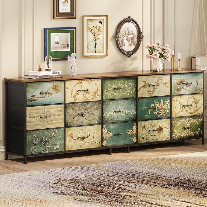Tohomeor Dresser for Bedroom Chest of Drawers Fabric Dresser for Closet, Nursery Entryway Hall Tree TV Stand for Living Room Retro Floral Pattern Wooden Top (15 Drawers) - Image 4