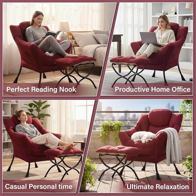 Lazy Chair and Ottoman, Large Burgundy Accent Chair with a Side Pocket, Modern Leisure Upholstered Reading Armchair with Footrest for Office, Bedroom, Living Room, Dorm Rooms, Balcony