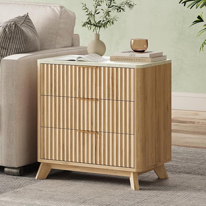 24" Tall Fluted NightStand,3 Drawers End Table with Faux Marble Top,Modern Side Table with Storage, Night Stand Wood Bedside Tables for Bedroom,Curved Profile Design,Natural Oak by TROJMHome