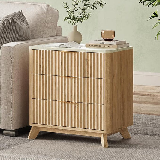 24" Tall Fluted NightStand,3 Drawers End Table with Faux Marble Top,Modern Side Table with Storage, Night Stand Wood Bedside Tables for Bedroom,Curved Profile Design,Natural Oak by TROJMHome