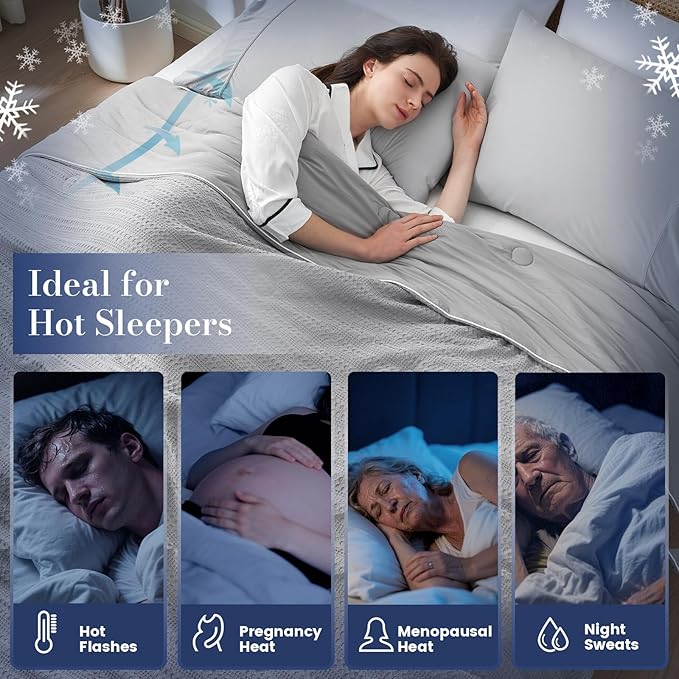 Amélie Home Waffle Cooling Comforter Queen Size, Q-Max 0.45 Reversible Lightweight Cooling Blanket for Hot Sleepers, Breathable Bedding for Night Sweats, 90"x90", Cool Gray