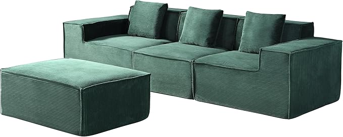 Rowan Convertible Corduroy Sectional Couch with Ottoman & Pillows, Modular L Shaped Sleeper Sofa, Boneless Cloud Couch for Living Room Furniture, Dark Green