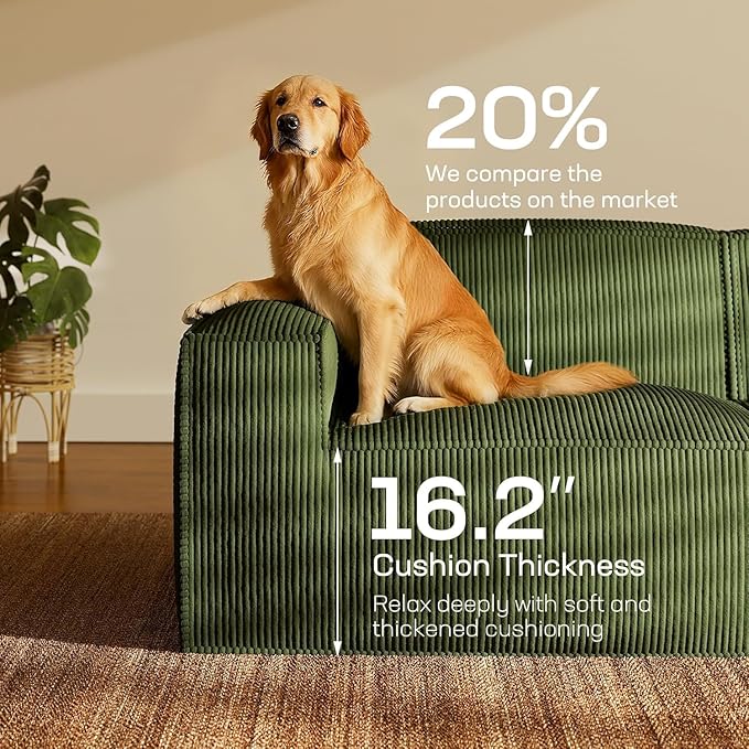 Marsail 111' Modular Sectional Sofa, L-Shape Corduroy Cloud Couch with Deep Seat, Freely Combinable Boneless Sofa for Living Room, No Assembly Required, Dark Green