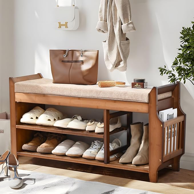 PETKABOO Shoe Bench with Hidden Drawer and Side Holder, 2 Tier Entryway Bench with Storage 39.4 in, Bamboo Shoe Rack with Cushion for Entryway Hallway Living Room Bedroom by PETKABOO