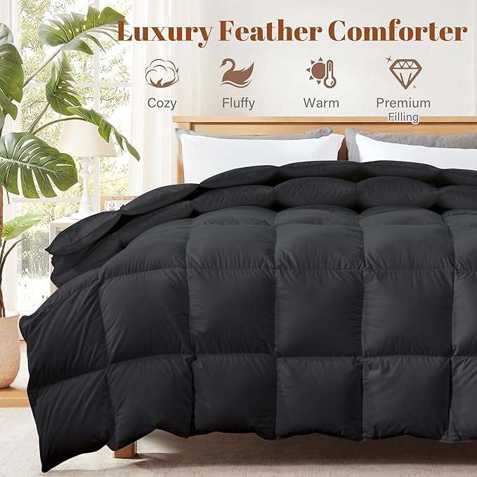 Cosybay Feather and Down Comforter Insert King Size, 100% Cotton Cover, All Season Black Down Feather Duvet Insert, Fluffy Soft Hotel Luxury Bedding for Bedroom, 106 x 90 Inches