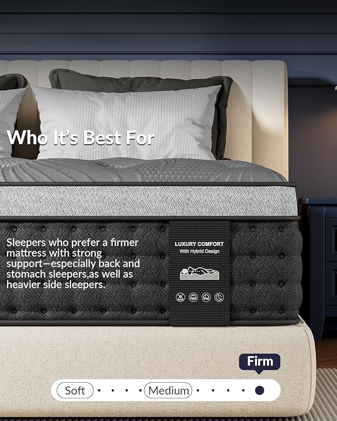 Firm Queen Mattress 14 inch, Cooling Hybrid Mattress in a Box with 5-Zone Support, Luxury Hotel-Collection Design, Enhanced Back & Hip Support, Fiberglass-Free & CertiPUR-US, 365-Night Trial
