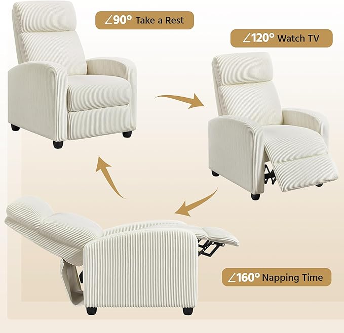 Topeakmart Corduroy Recliner Sofa Mid-Century Recliner Chair Single Reclining Chair Upholstered Sofa for Living Room Bedroom Home Theater Beige