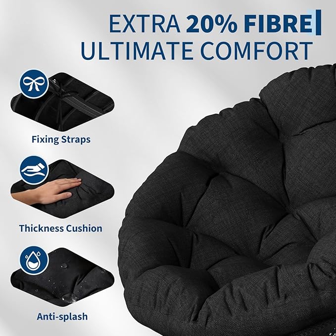 Garvee Papasan Chair, 37" Ergonomic Wicker Papasan Chair with Extra-Thick Soft Fabric Cushion, Heavy-Duty Steel Frame, 360° Swivel Base for Living Room, Bedroom & Reading Nook – All Black