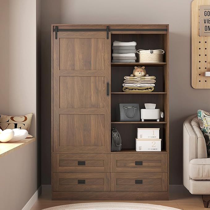 Armoire Wardrobe Closet with Sliding barn Door，Wardrobe Cabinet with 4 Storage Drawers and Hanging Rail,Freestanding Wooden Closet for Bedroom(Brown)