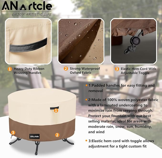 ANartcle Round Patio Table Covers 50inch,100% Waterproof 600D Heavy Duty PatioTable Cover,Round Patio Table Covers for Outdoor Furniture,50"DIA x 23"H,Beige&brown. - Image 4