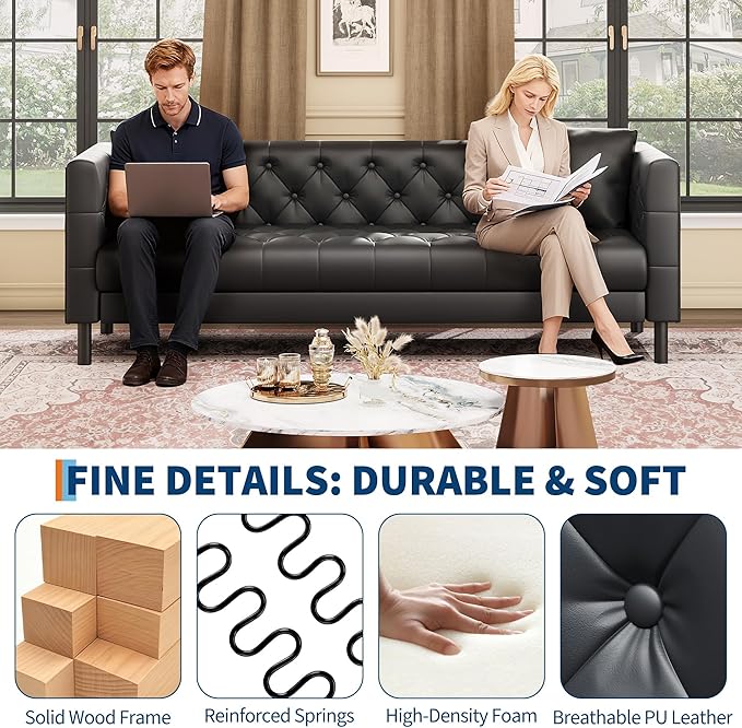 IDEALHOUSE 81" Mid Century Modern Leather Sofa, 3 Seater Chesterfield Couch with Button Tufted Back & Deep Seat, Upholstered Living Room Sofa for Apartment or Office, Black
