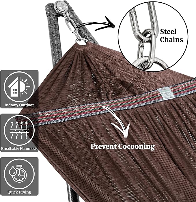 Tranquillo Universal Double Hammock with Stand Included for 2 Persons/Foldable Hammock Stand 600 lbs Capacity Portable Case - Inhouse, Outdoor, Camping, Brown - Image 2