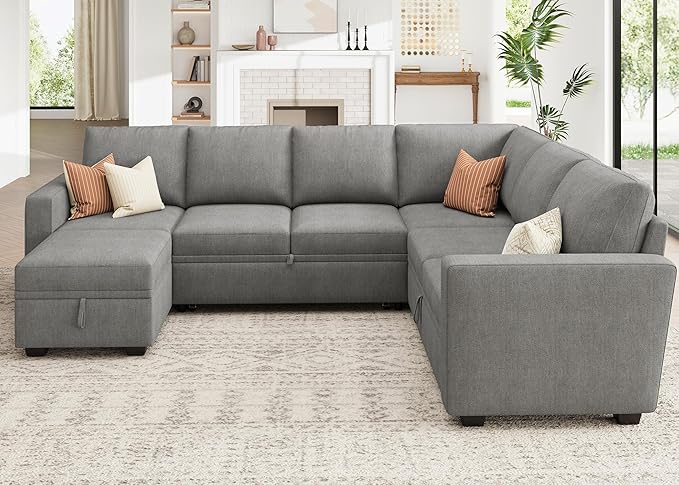 HONBAY Modular Sectional Sleeper Sofa with Pull Out Bed, Chenille Sectional Couch with Storage Seats Ottoman, U Shaped Couches for Living Room, Warm Grey
