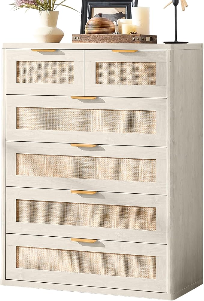LEYAOYAO White Dresser for Bedroom, 41" Tall Chest of Drawers, Modern 6 Drawers Boho Rattan Dressers with Storage, Dresser Wooden Closet Organizer for Living Room, Hallway by LEYAOYAO-Findtheshiningpointofyourideallife%EF%BC%81