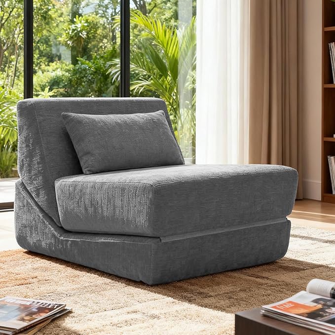 Chair Bed Sleeper for Adults, Convertible Sleeper Chair Bed with Pillow, 3 in 1 Folding Sofa Bed Chair Lounge with Back Support & Removable Washable Cover for Living Room, Office (Grey) | Folding Bed Chair, with Pillow