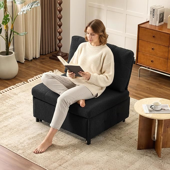 VINGLI Convertible Sofa Bed Tufted Teddy Fleece Sleeper Chair Bed Couch Armless Living Room Chairs with Adjustable Backrest Pull Out Couch Bed for Small Spaces