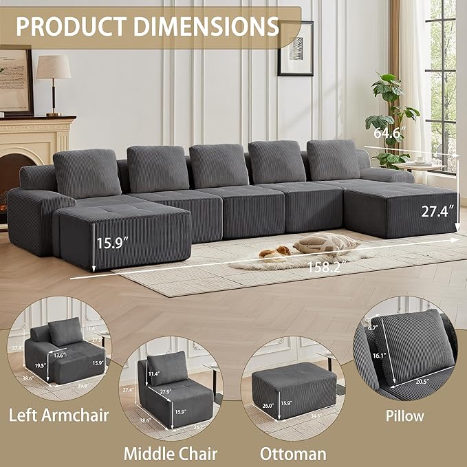 Modular Sectional Sofa with Movable Ottoman, 5 Seat Deep Seat Couch with 5 Pillows, Comfy Cloud Sectional Sofa for Living Room, Bedroom and Apartment (Grey, 1 Left+1 Right+3 Middle+2 Ottoman)