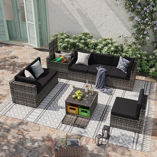 Aoxun 8 Piece Patio Furniture Set, Wicker Rattan Outdoor Furniture Set with Storage Box and Glass Top Table, Patio Sectional Set with Thickened Cushions and Include Waterproof Cover (Grey & Black)