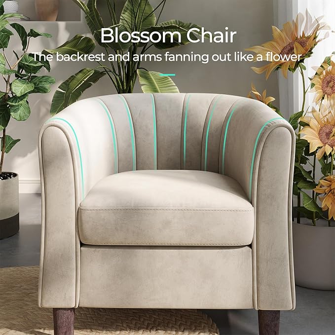 LINSY Accent Chair with Ottoman, Modern Armchair Comfy Barrel Reading Chair with Footrest for Living Room Bedroom Reading Room, Velvet, Beige