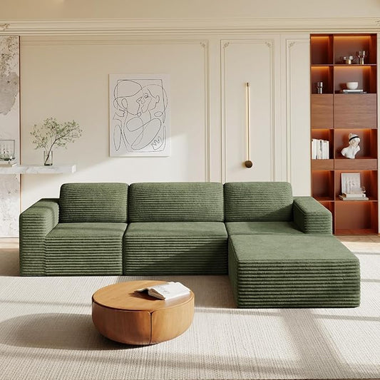Vesgantti 119" L-Shaped Modular Sectional Sofa, Corduroy Cloud Couch with Deep Seating & Spring Support, Flexible Layout Sofa with Ottoman, Boneless Style, No Assembly Required, Green