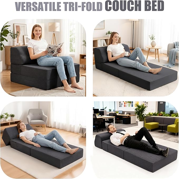 Folding Sofa Bed with Pillow, Memory Foam Fold Out Chair Bed, Convertible Sleeper Chair with Washable Cover, Futon Floor Couch for Living Room/Dorm/Guest Use/Home Office/Apartment, Gray