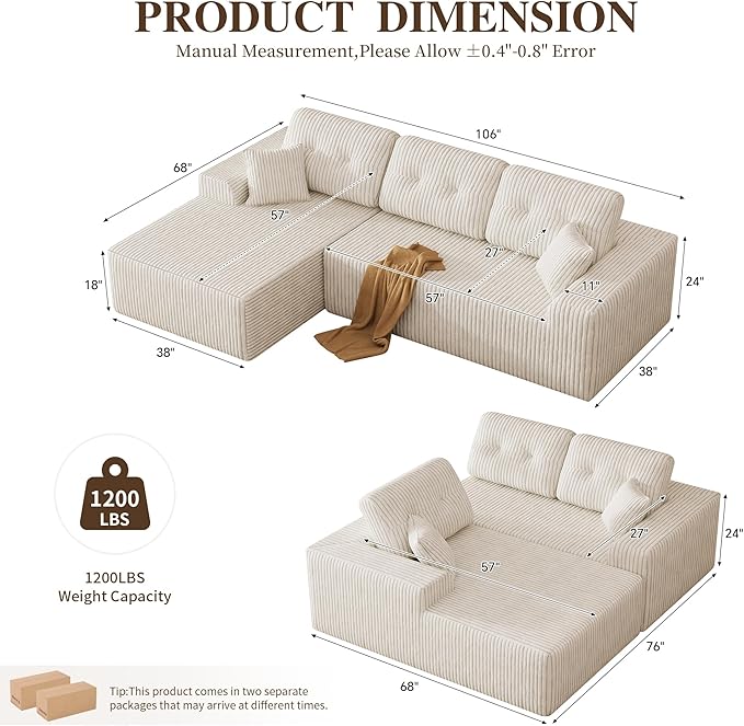 Ball & Cast 106" Boneless Sectional Sofa, Corduroy Modular L Shaped Couch with Deep Seat Chaise, Cloud Style Oversized Sectional Couch for Living Room, No Assembly, Left Facing, Beige