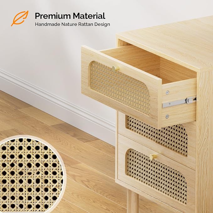 VINGLI Rattan Nightstands Set of 2 with Charging Station, 19" W x 27" H 3 Drawer Boho Nightstand/End Table, Rattan Bed Side Table for Bedroom, Oak - Image 7