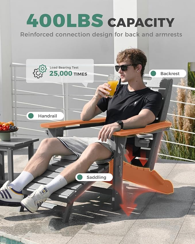 Folding Adirondack Chair with Retractable Ottoman, Weather Resistant Fire Pit Chair Patio Chair with 2 Cup Holder Lawn Outdoor Lounge Chair (Grey) - Image 7