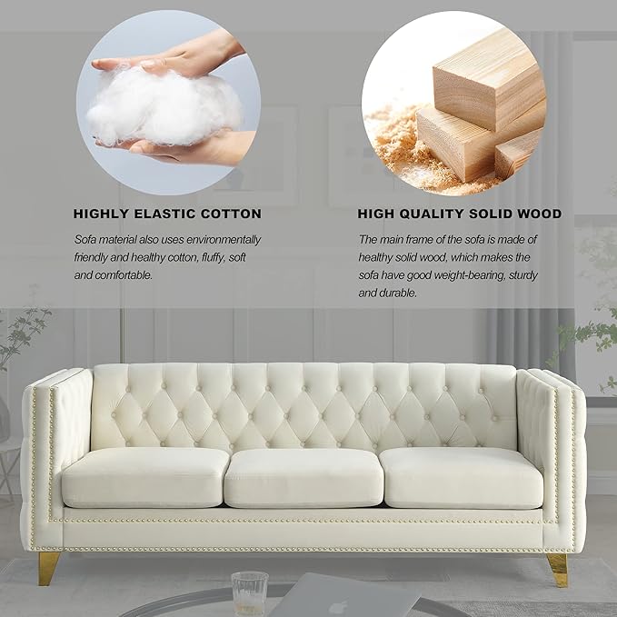 KEIKI Tufted Velvet 3+3 Seat Sofa Couch for Living Room, Buttons Tufted Square Arm Couch for Home Apartment, Beige
