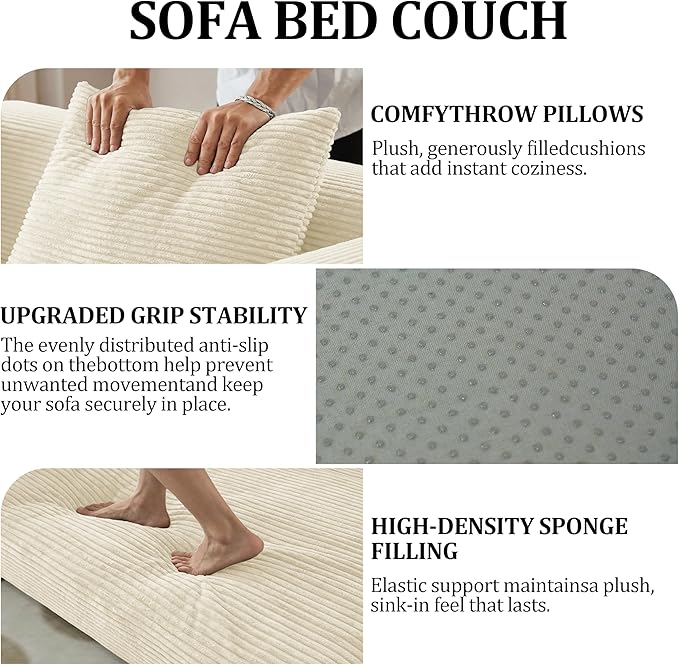 HouseMila 59" Boneless Couch,4-in-1 Futon Sofa Bed Modular Loveseat Sleeper Folding Compressed Couch with Pillows,No Assembly Required Convertible Sofa Bed for Living Room Bedroom Guest Room,Beige