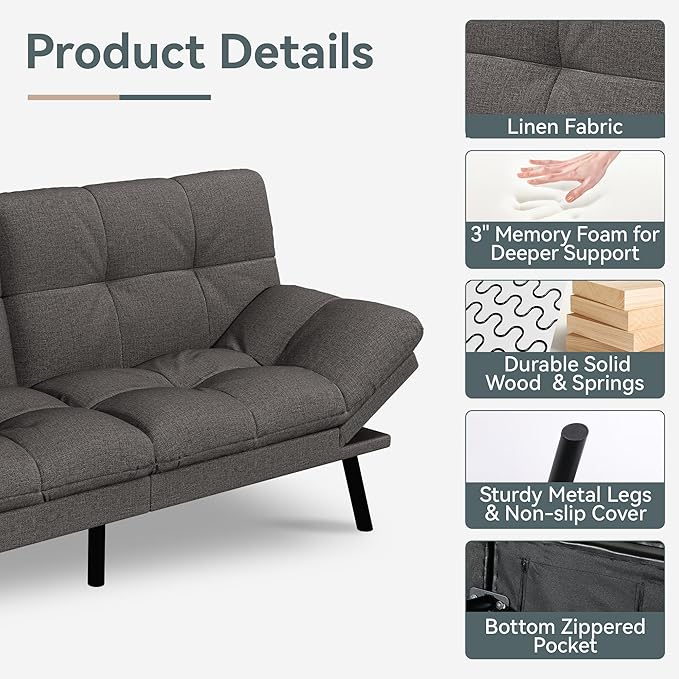 Futon Sofa Bed Convertible Couch, Grey Linen Sofa Bed with Memory Foam, Adjustable Backrest & Armrests, Multifunctional Small Loveseat Sleeper Sofa for Living Room, Apartment, Office