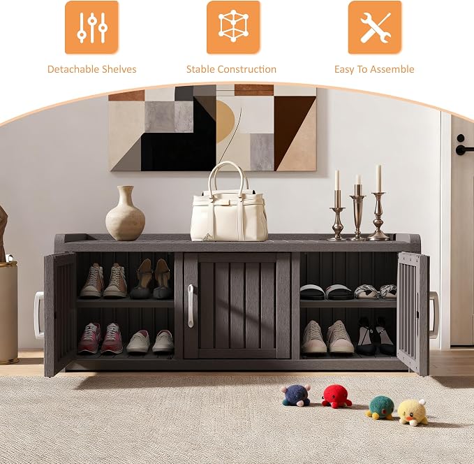 2-Tier Storage Bench, Waterproof UV-Resistant Outdoor Shoe Storage Cabinet with 3 Doors & Adjustable Shelves for Indoor Outdoor Entryway, Hallway, Living Room (Classic Gray) - Image 3