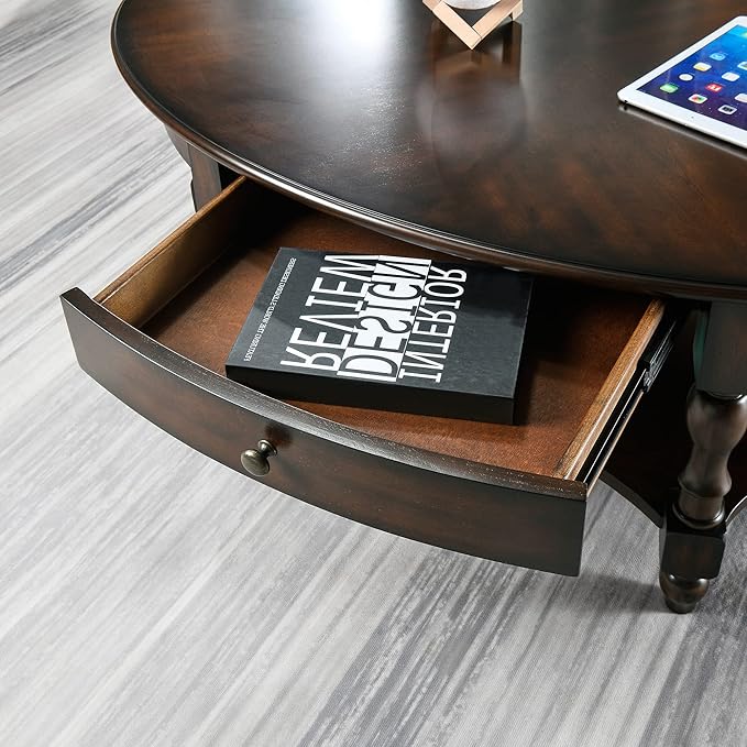 MODERION Coffee Table with Drawer, Solid Wood Oval Center Table with Storage Shelf, Traditional Living Room Table with Elegant Vintage Style, Easy Assembly, 45” x 27.6” x 18.2” Retro Walnut KFZ2233DC