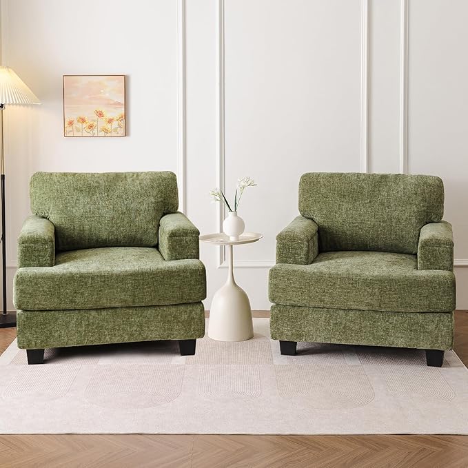 Oversized Living Room Chairs Set of 2,Comfy Accent Chair with Armrest Organizer,Upholstered Modern Armchair Thick Cushion,Big Reading Chair,Sofa Chair for Bedroom,Green