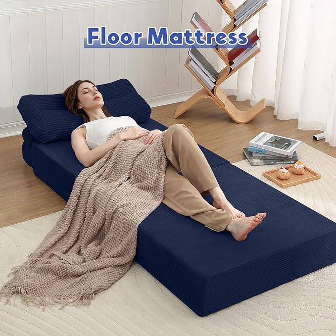 MeMoreCool Folding Sofa Bed Single – Convertible Sleeper Chair with Pillow, Navy | Foldable Mattress Back Support Portable Fold Out Chair Bed Comfy Floor Sofa Lounge for Living Room Bedroom