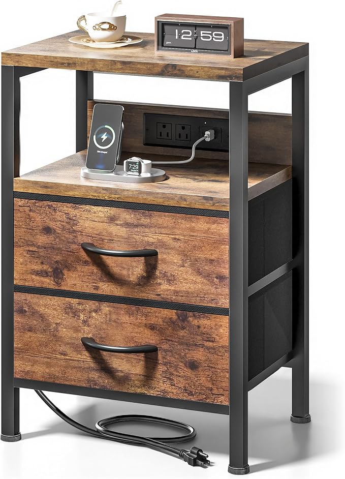 Lazzanto NightStand Bedside Charging Table Bedroom - Brown Night Stand with Charger Station, Modern Bed Side End Table with Open Shelf & 2 Fabric Drawers, USB-C Port for Dorm, Living Room by Lazzanto