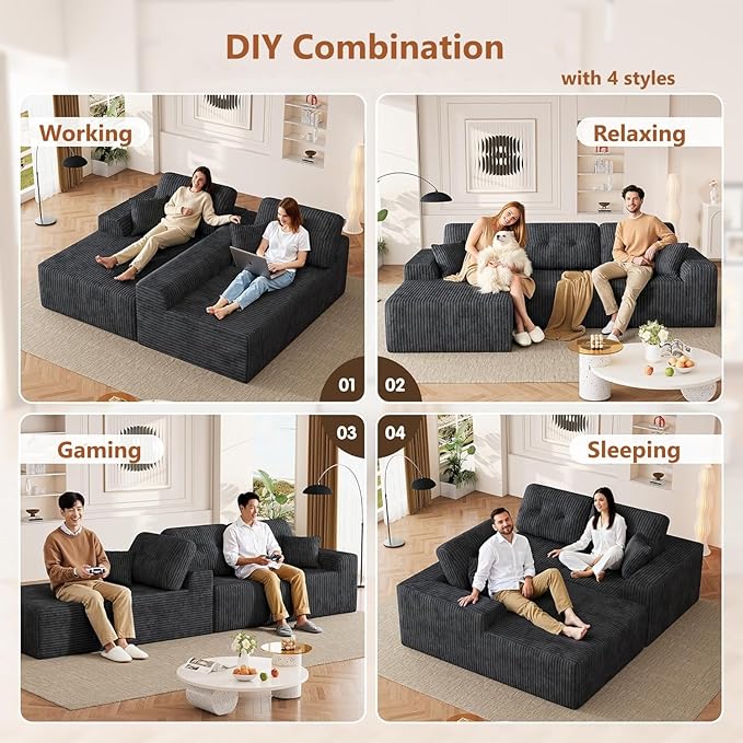 Ball & Cast 106''L-Shaped Sectional Sofa 3 Seater Convertible Couch for Living Room,Boneless Comfy Corduroy Couch w/Soft Backrest,Modular Sectional Couches for Home, Office,Left Facing Chaise(Grey)
