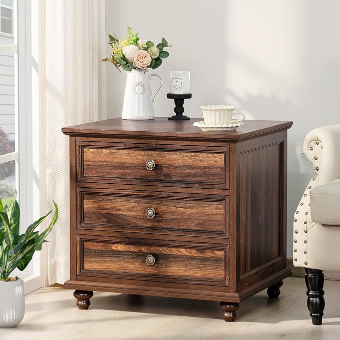 Joaxswe 24" Wide Farmhouse Night Stand,Large End Table with 3 Drawers & Metal Handle,Dresser for Bedroom, Wood Bed Side Table Chest of Drawers Cabinet, Retro Brown Nightstand for Living Room,Closet - Image 3