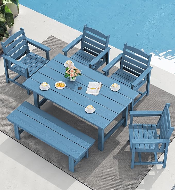 SERWALL Outdoor Dining Table, 67" Rectangle HDPE Dining Table for 6, Patio Table for Dining with Umbrella Hole, Blue - Image 6
