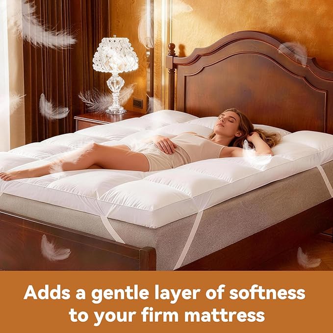 3 Inch White Goose Feather Mattress Topper,King Feather Bed Topper,Mattress Cover with Straps,Ultra Soft Pillowtop,100% Cotton Fabric(78”x80”)