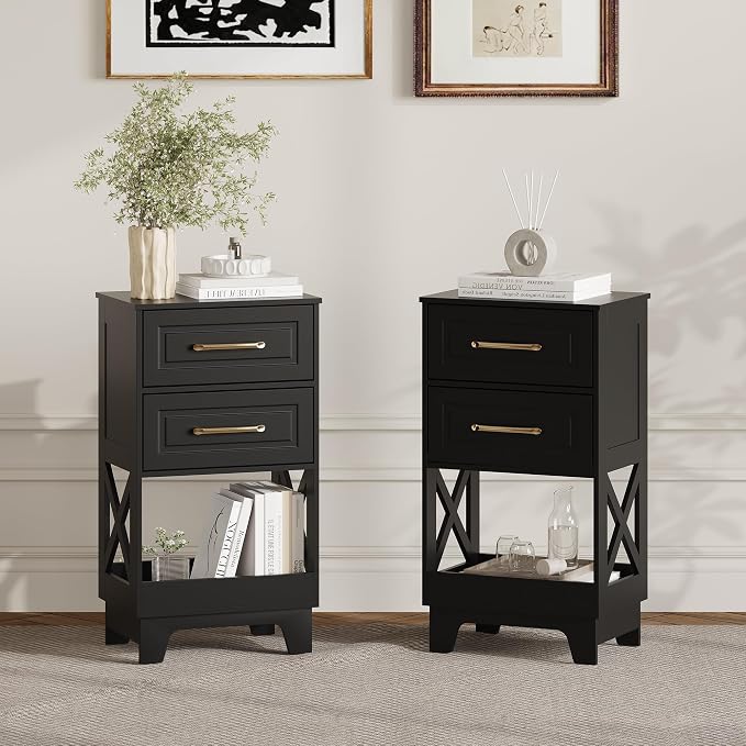 Tall Nightstand Set of 2 Side Table with 2 Drawers Modern Night Stand Wooden End Table Bedside Table with Below Open Shelf Solid Feet for Bedroom Black - Image 9