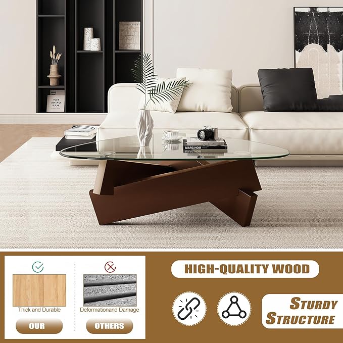 Walnut Triangle Coffee Table 35.5'' x 27.5'' x 15.7'' Modern Mid Century Glass Coffee Table Rustic Brown Solid Wood Center Table Funky Retro Vintage Tea Table for Living Room & Small Space