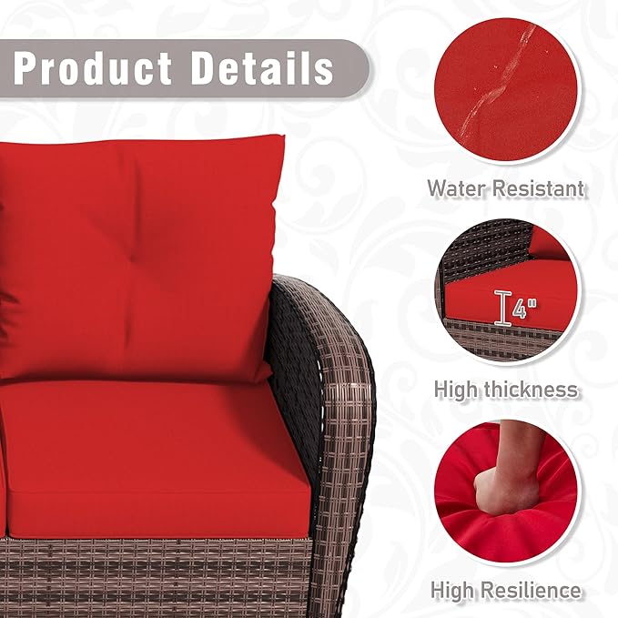 3 Piec Patio Bistro Set with 2 Rocking Chairs & Table, 360° Swivel PE Wicker Outdoor Furniture, Heavy-Duty Steel Frame,Weatherproof Cushions, Red