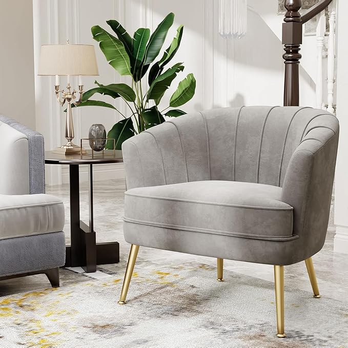 Andeworld Velvet Accent Chair Set of 2, Upholstered Modern Single Sofa Side Chair,Comfy Barrel Club Living Room Armchair with Golden Metal Legs for Bedroom Living Reading Room Office, Grey
