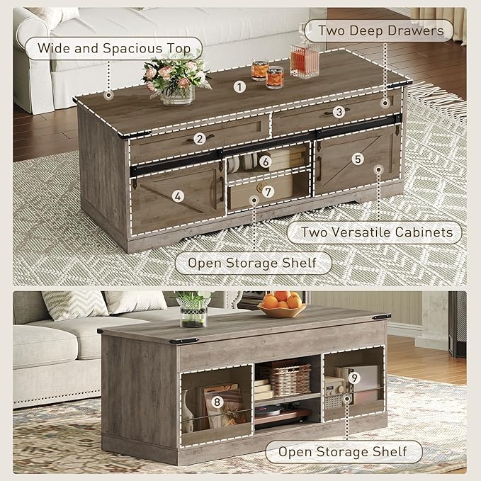 47" Farmhouse Coffee Table with Storage and 2 Drawers, Large Rustic Center Table with Sliding Barn Doors & Open Compartments, Wooden Coffee Table for Living Room, Greige