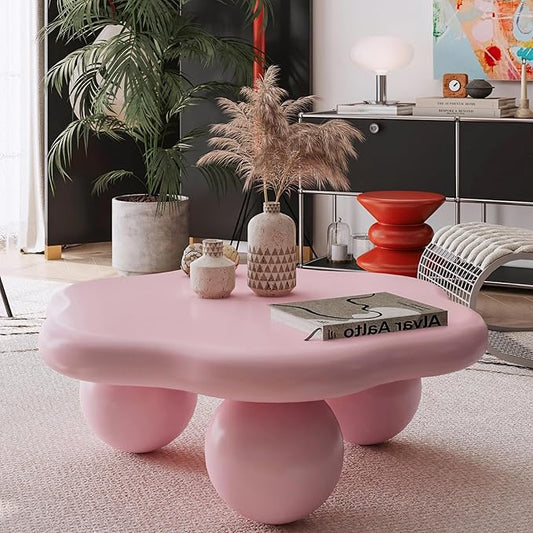 35" Cloud Coffee Table with 3 Ball Legs, Modern Minimalist Petal Center Table for Living Room, Low Cute Small MDF Tea Table for Bedroom, Small Space Apartment-Pink