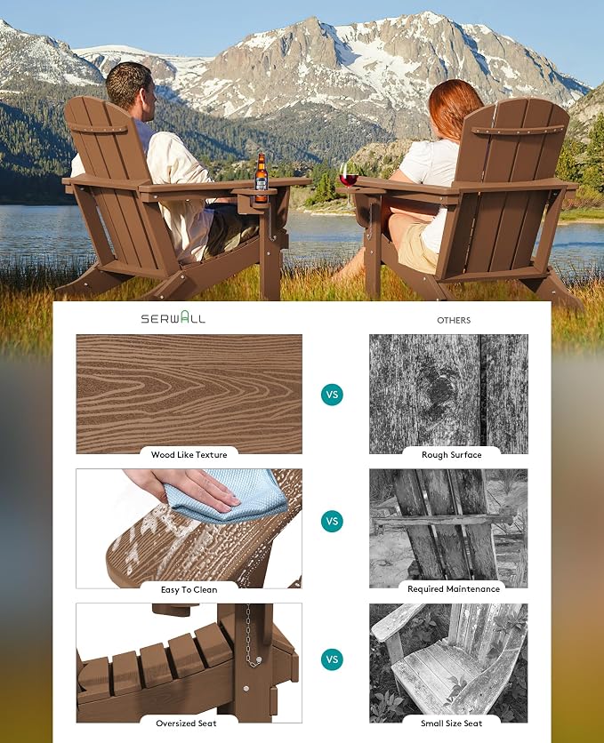 SERWALL Adirondack Chair with Cup Holders - Composite Adirondack Chairs HDPE Outdoor Chairs All Weather Use- Brown - Image 5