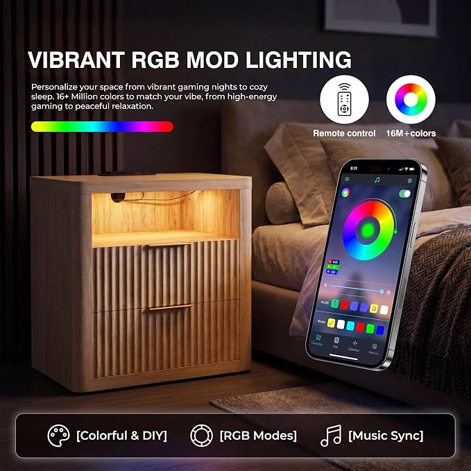 YESHOMY Fluted Nightstands Set of 2 with Charging Station,24" Night Stand with 2 Drawers and Storage Shelf,RGB LED Lighting,Arc Edge Fluted Bedside Table for Bedroom,Natural Wood - Image 4
